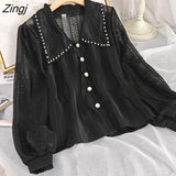 Design Hollow Out Blouse Women Korean Pearl Button Puff Sleeve Tops Elegant Peter Pan Collar Lace Patchwork Shirt