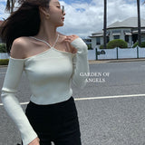 Mujer 2022 Sexy Off Shoulder Slim Knitted Sweaters Long Sleeve Pull Femme Autumn Vintage Chandails White Black Top
