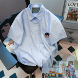Blue Striped Embroidered Shirt Elegant Chic Woman Shirt Women's Summer Blouse 2024 Oversized Shirt Top