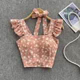 Zingj Summer Floral Strap Tops Women Square Neck Bow Ruffles Short Camisole Fashion Korean Flower Ladies Elastic Waist Top 211-1-Outfit
