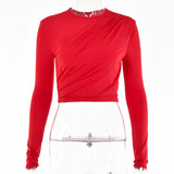 Solid Color Women Wrinkled Style Summer Crop Tops Female Long Sleeve T-shirt New Chic Club