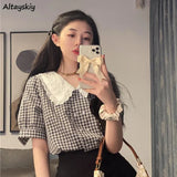 Shirts Women Peter Pan Collar Sweet Loose Lace Button Retro Puff Short Sleeve Blouses Design French Style Summer Mujer