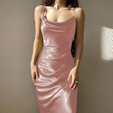 Satin Long Dress Summer 2022 Low Cut Spaghetti Strap Sexy Evening Party Dresses Women Backless Bodycon Maxi Dress