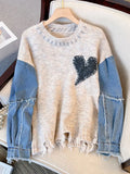 Zingj Women Sweater Patchwork Denim Long Sleeve O-Neck Loose Heart Chic Pullovers Simple Knitted Autumn Winter 2023 New Knit Jumpers 211-0-Outfit