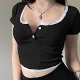 Desire Atmosphere Wearing Lace Button Splicing Color Navel Slimming Striped Short-Sleeved T-Shirt 2023 New