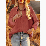 Women's Blouse Solid Flannel Collar Long Sleeve Loose Casual Pullover Shirt with Pockets 2022 Spring New Corduroy