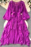 Autumn Women Irregular Ruffle Draped Midi Dress Vintage Yellow/Blue/Red O-Neck Puff Long Sleeve Vacation Beach Robe