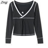 Womens Crop Tops Fashion Solid Color Long Sleeve Lace Patchwork V Neck T-Shirts Spring Autumn