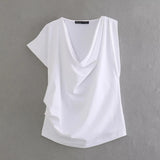 Spring Pleated Asymmetrical Cotton T-Shirt