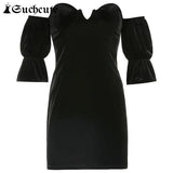 SUCHCUTE 2022 Summer Gothic Black Mini Dress Women Streetwear Sexy Slash Neck Ladies Bodycon Dresses Elegant 90s Party