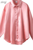 Fashion Button Up Satin Silk Shirt Vintage Blouse Casual Loose Button Up Down Shirts Tops Lady Long Sleeve Female