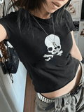 Skull Print Short Sleeve Y2K Crop Top- Outfit