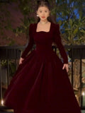 Winter Vintage Christmas Red Velvet Dress French Elegant Square Collar Evening Party Prom Vestidos Women