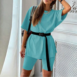 Two-piece Set With Belt Solid Color