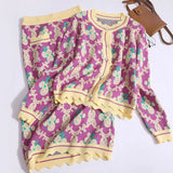 Winter Women's Knitted Sets Round Neck Jacquard Single Breasted Knit Cardigan + High Waisted Straight Midi Skirt