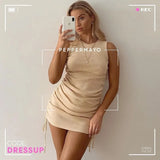 Ribbed Elastic Mini Dress Ruched Drawstring Adjustable Length Vestidos Sexy Party O-Neck Summer Bodycon Club