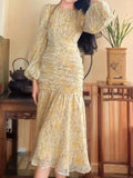 Floral Print Midi Dresses for Women 2023 New Summer Long Sleeve Folds Party Prom Female Clothes Beach Bodycon Dress