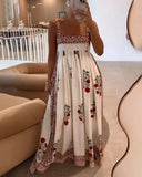 Flower Printed Large Hem Strap Long Dress For Women Elegant Square Neck Sleeveless Maxi Dresses Lady Party Holiday