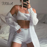 Summer Ribber Women Set White Spaghetti Strap Crop Top And Mini Biker Shorts Embroidery Two Piece Sets Sexy Outfit
