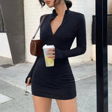 winter stretch Slim Soft Ribbed Knitted turtleneck dress woman 2023 fashion solid black casual bodycon Zip