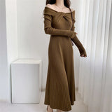 Zingj Hepburn Style Advanced Sexy Shoulder Black Long-Sleeved Knitted Dress Women's Autumn Temperament Slim