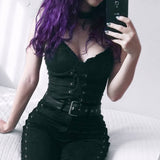 Mall Goth V Neck Strap Corset Top Fashion Lace Up Punk Style Crop Top Ruffles Slim Summer Tops Female Gothic