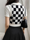 SUCHCUTE Argyle Printed Women Sweater Vest Preppy Style Girls Sleeveless Knitting Crop Tops Slim V Neck Lady Top Streetwear