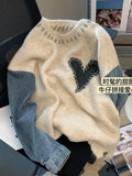 Women Sweater Patchwork Denim Long Sleeve O-Neck Loose Heart Chic Pullovers Simple Knitted Autumn Winter 2023 New Knit