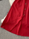 Vintage Green/Blue/Red Turn-Down Collar Single Breasted Dress Casual Short Sleeve High Waist A-Line Midi Robe New