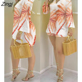 Women Plain Bell Sleeve V-Neck Long Casual Loose Top & Shorts Set Casual Summer Solid Streetewar Suit
