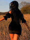 SUCHCUTE 2022 Summer Gothic Black Mini Dress Women Streetwear Sexy Slash Neck Ladies Bodycon Dresses Elegant 90s Party