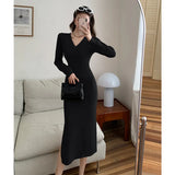 Zingj Vintage 2024 Autumn Design With Long-Sleeved V-Collar Knitted Dress, High Waist And Hip Hair
