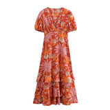 Spring Printed V-Collar Laminated Midi Dress