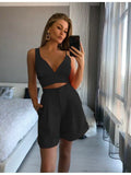 Summer V Neck Strap Crop Top + High Waist Shorts Women's Solid Color