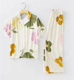 Pajamas Pants Set Viscose Peony Flower Short-sleeved Pyjamas Cardigan Print Home Clothes Suit Ropa Verano Mujer Pjs