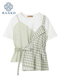 Womens T-shirt Korean Fake 2 Pieces Solid Patchwork Lattice Tops Short Sleeve Irregular O-neck Casual Tee Clothes