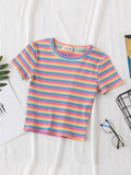 T Shirt Women Rainbow Striped Tops Slim Fit t shirt Harajuku Tshirt Summer Short Sleeve Korean T-shirt feminina Clothes