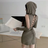 Hooded Long Sleeve Ropa De Mujer Bodycon Dress Slim Waist Tunic Ddesign Elegant Vestidos Bandage Backless Dresses for