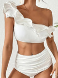 New Sexy High Waist Ruffles Bikini Sets Solid White Bandeau Swimwear Women Swimsuits Bathing Suit Brazilian