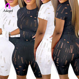 Hollow Out Women 2 Piece Set Fitness Skinny Mock Neck Crop Top Skinny Biker Shorts Matching Jogger Ser Sexy Night Club