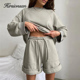 Soft Cotton Sets Women 2022 New Casual Two Pieces Long Sleeve Sweatshirt &amp; High Waist Shorts Solid Outfits