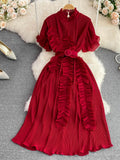 Women Pleated Midi Dress Purple/Red/White Stand Collar Short Flare Sleeve High Waist A-Line Ruffle Party Vestidos