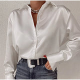 Satin Long Sleeve Blouses Women 2023 Autumn Vintage Blue Green Silk Shirt Women Casual Loose Button Up Street