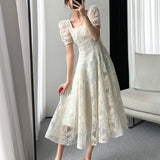 French Style Women Elegant Party Midi Dress Female Fashion A Line Lady Clothes