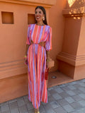 Pink Striped Printed Hollow Out Dress For Women Fashion Short Sleeve Backless Maxi Vestidos Female Chic Party Long