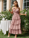 Backless layer ruffle lace up party dress women Summer sexy frills v-neck maxi dresses Spaghetti straps elegant