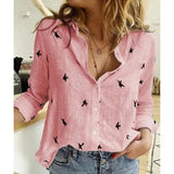 Long Sleeve Birds Print Loose Shirts Women Oversized Cotton and Linen Blouses and Tops Vintage Streetwear Tunic