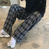 Women New Fashion Black Plaid Retro Harajuku Students Streetwear Full Length Wide Leg Trouser Chic Popular Hot Sale