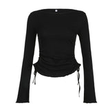 Zingj Wind Pure Desire Black Tie Simple Draw Rope Long Sleeve T-Shirt Temperament Waist Slim Heart Versatile