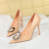 Zingj Banquet Rhinestone Belt Buckle Women's Shoes Patent Leather Shallow Pointed High Heel Single